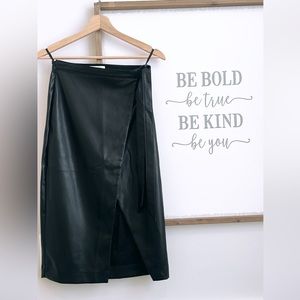 Black leather Babaton front slit fitted midi skirt